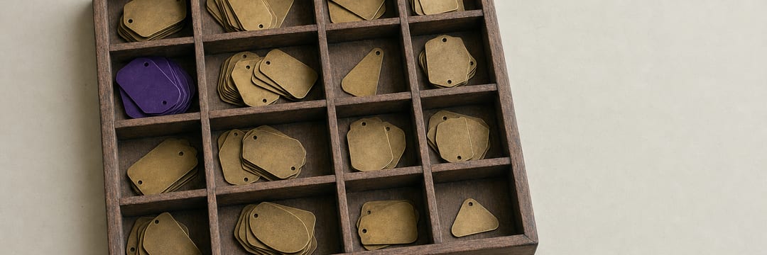 A shallow wooden compartment tray holding blank brass tags, most compartments full, two empty, one holding tags in deep violet.